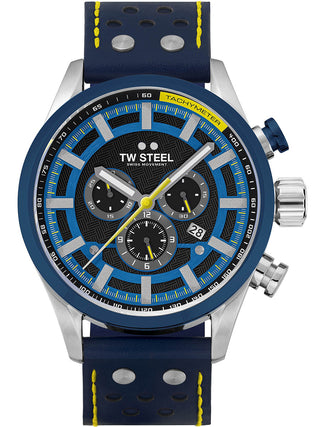 Angle shot of TW Steel Chronograph SVS208 Blue Leather Unisex Watch on white background