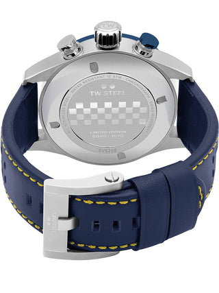 Angle shot of TW Steel Chronograph SVS208 Blue Leather Unisex Watch on white background