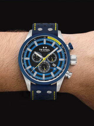 Angle shot of TW Steel Chronograph SVS208 Blue Leather Unisex Watch on white background