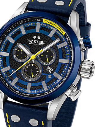 Front view of TW Steel Chronograph SVS208 Black Dial Blue Leather Unisex Watch on white background