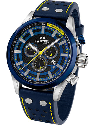 Angle shot of TW Steel Chronograph SVS208 Black Dial Blue Leather Unisex Watch on white background