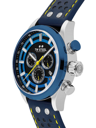 Angle shot of TW Steel Chronograph SVS208 Black Dial Blue Leather Unisex Watch on white background