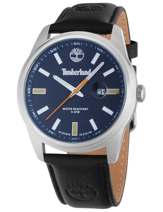 Front view of Timberland TDWGB0010802 Blue Dial Black Leather Unisex Watch on white background