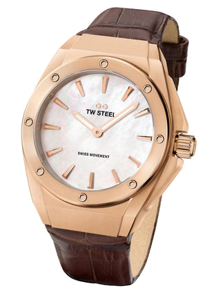 Angle shot of TW Steel CE4034 Mother Of Pearl Dial Brown Leather Womens Watch on white background