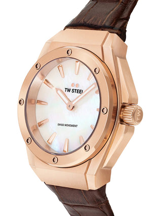 Angle shot of TW Steel CE4034 Mother Of Pearl Dial Brown Leather Womens Watch on white background