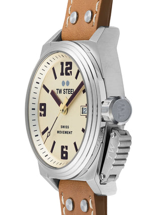 Angle shot of TW Steel TW1100 Brown Leather Unisex Watch on white background