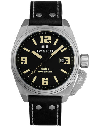 Angle shot of TW Steel TW1101 Black Leather Unisex Watch on white background