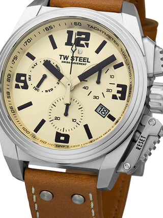 Front view of TW Steel Chronograph TW1110 Brown Leather Unisex Watch on white background