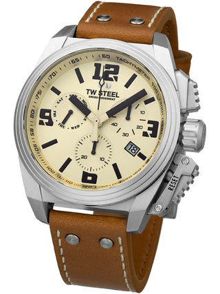 Angle shot of TW Steel Chronograph TW1110 Brown Leather Unisex Watch on white background