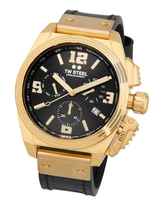 Angle shot of TW Steel Chronograph TW1118 Black Leather Unisex Watch on white background