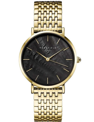 Front view of Rosefield UBGSG-U35 Black Dial Gold Stainless Steel Womens Watch on white background