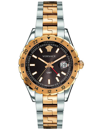 Front view of Versace V11040015 Brown Dial Rose Gold Stainless Steel Unisex Watch on white background
