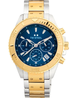 Angle shot of TW Steel Chronograph VA8 Blue Dial Gold Stainless Steel Unisex Watch on white background