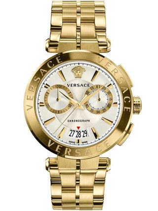 Front view of Versace Chronograph VE1D00419 Grey Dial Gold Stainless Steel Mens Watch on white background