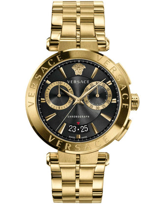 Front view of Versace Chronograph VE1D02823 Black Dial Gold Stainless Steel Unisex Watch on white background