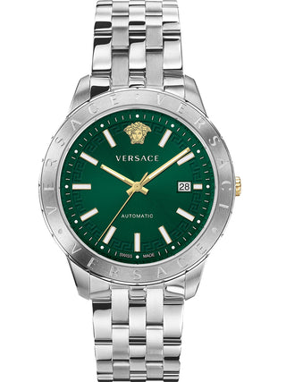 Front view of Versace VE2D00321 Green Dial Grey Stainless Steel Mens Watch on white background