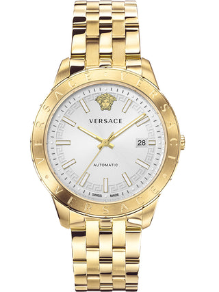 Front view of Versace VE2D00521 Grey Dial Gold Stainless Steel Mens Watch on white background