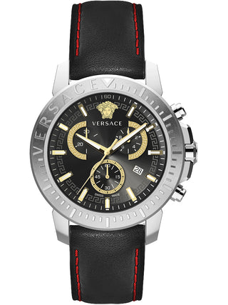 Front view of Versace Chronograph VE2E00121 Black Leather Mens Watch on white background