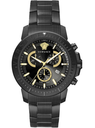 Front view of Versace Chronograph VE2E00621 Black Dial Grey Stainless Steel Unisex Watch on white background