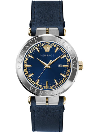 Front view of Versace VE2G00221 Blue Leather Unisex Watch on white background