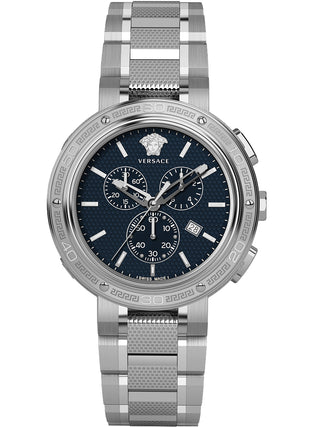 Front view of Versace Chronograph VE2H00321 Blue Dial Grey Stainless Steel Mens Watch on white background