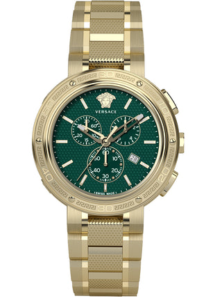 Front view of Versace Chronograph VE2H00521 Green Dial Gold Stainless Steel Mens Watch on white background