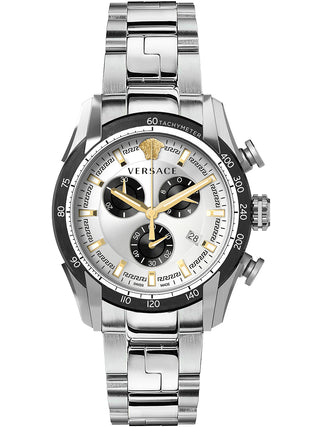 Front view of Versace Chronograph VE2I00321 Black Dial Grey Stainless Steel Mens Watch on white background
