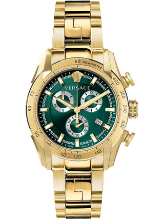 Front view of Versace Chronograph VE2I00621 Green Dial Gold Stainless Steel Mens Watch on white background