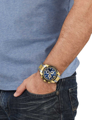 Angle shot of Versace Chronograph VE2I01021 Blue Dial Gold Stainless Steel Unisex Watch on white background
