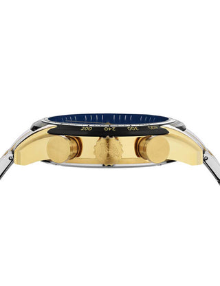 Angle shot of Versace Chronograph VE2I01021 Blue Dial Gold Stainless Steel Unisex Watch on white background