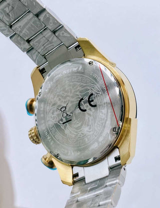 Angle shot of Versace Chronograph VE2I01021 Blue Dial Gold Stainless Steel Unisex Watch on white background