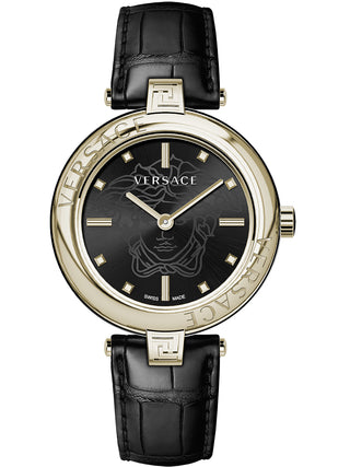 Front view of Versace VE2J00421 Black Leather Womens Watch on white background