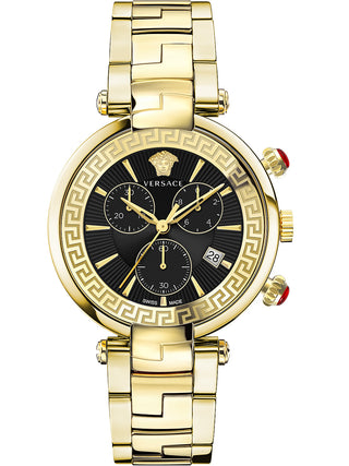 Front view of Versace Chronograph VE2M00621 Black Dial Gold Stainless Steel Womens Watch on white background