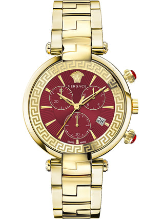 Front view of Versace Chronograph VE2M00721 Red Dial Gold Stainless Steel Womens Watch on white background