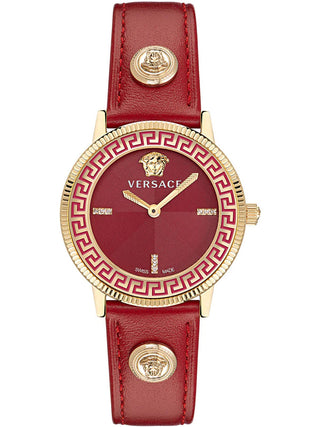 Front view of Versace VE2P00722 Red Dial Leather Womens Watch on white background