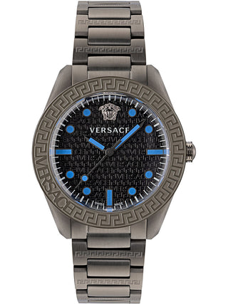 Front view of Versace VE2T00622 Black Dial Grey Stainless Steel Unisex Watch on white background