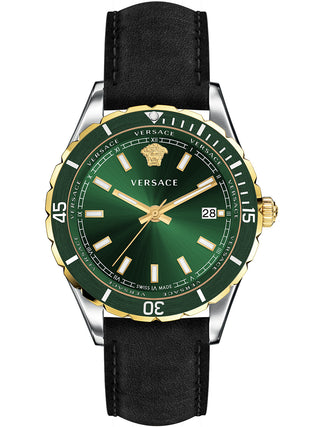 Front view of Versace VE3A00320 Green Dial Black Leather Mens Watch on white background