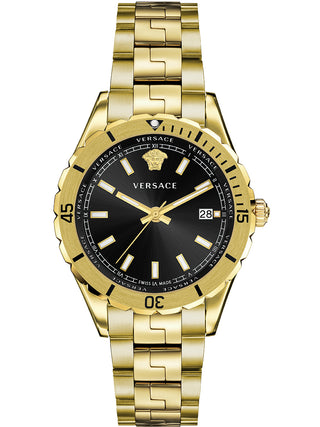 Front view of Versace VE3A00820 Black Dial Gold Stainless Steel Mens Watch on white background