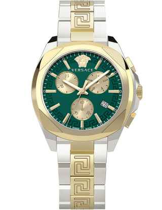 Front view of Versace Chronograph VE3CA0623 Black Dial Gold Stainless Steel Womens Watch on white background