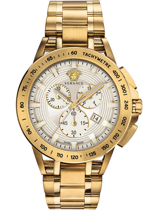 Front view of Versace Chronograph VE3E00721 Grey Dial Gold Stainless Steel Mens Watch on white background