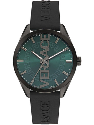 Front view of Versace VE3H00322 Green Dial Black Silicone Unisex Watch on white background