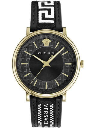 Front view of Versace VE5A01921 Black Leather Mens Watch on white background