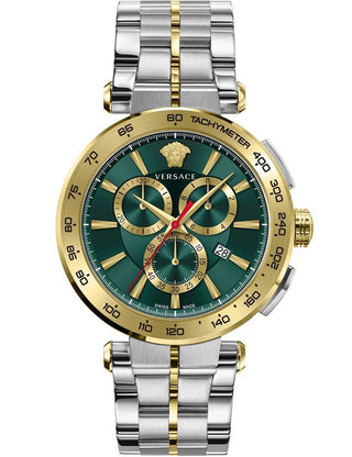 Front view of Versace Chronograph VE6CA0523 Green Dial Gold Stainless Steel Unisex Watch on white background