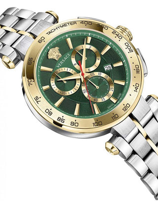Angle shot of Versace Chronograph VE6CA0523 Green Dial Gold Stainless Steel Unisex Watch on white background