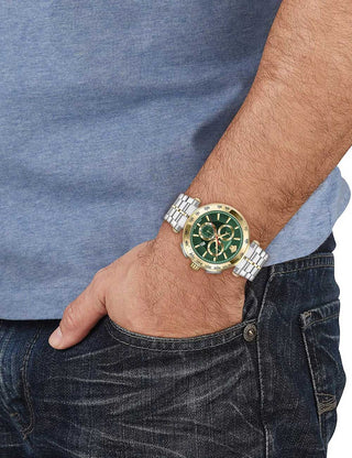 Angle shot of Versace Chronograph VE6CA0523 Green Dial Gold Stainless Steel Unisex Watch on white background