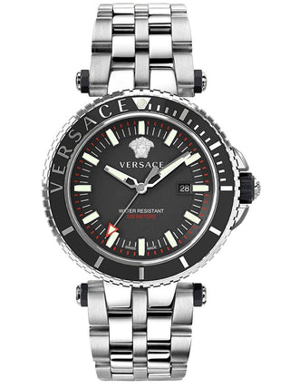 Front view of Versace VEAK00318 Black Dial Grey Stainless Steel Mens Watch on white background