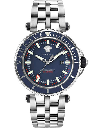 Front view of Versace VEAK00418 Blue Dial Grey Stainless Steel Mens Watch on white background