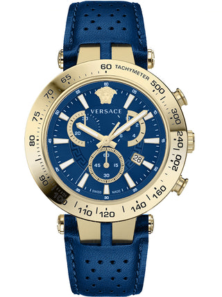 Front view of Versace Chronograph VEJB00322 Blue Leather Mens Watch on white background