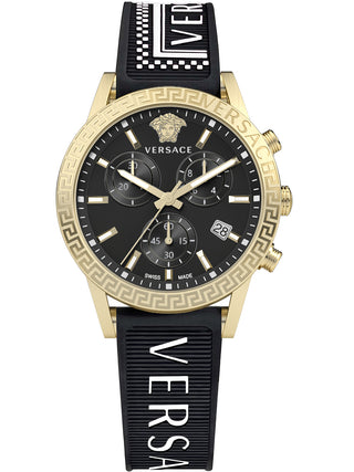 Front view of Versace Chronograph VEKB00422 Black Rubber Unisex Watch on white background
