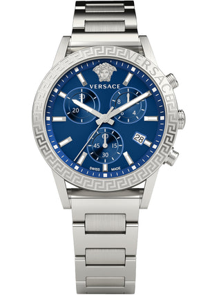 Front view of Versace Chronograph VEKB00522 Blue Dial Grey Stainless Steel Unisex Watch on white background